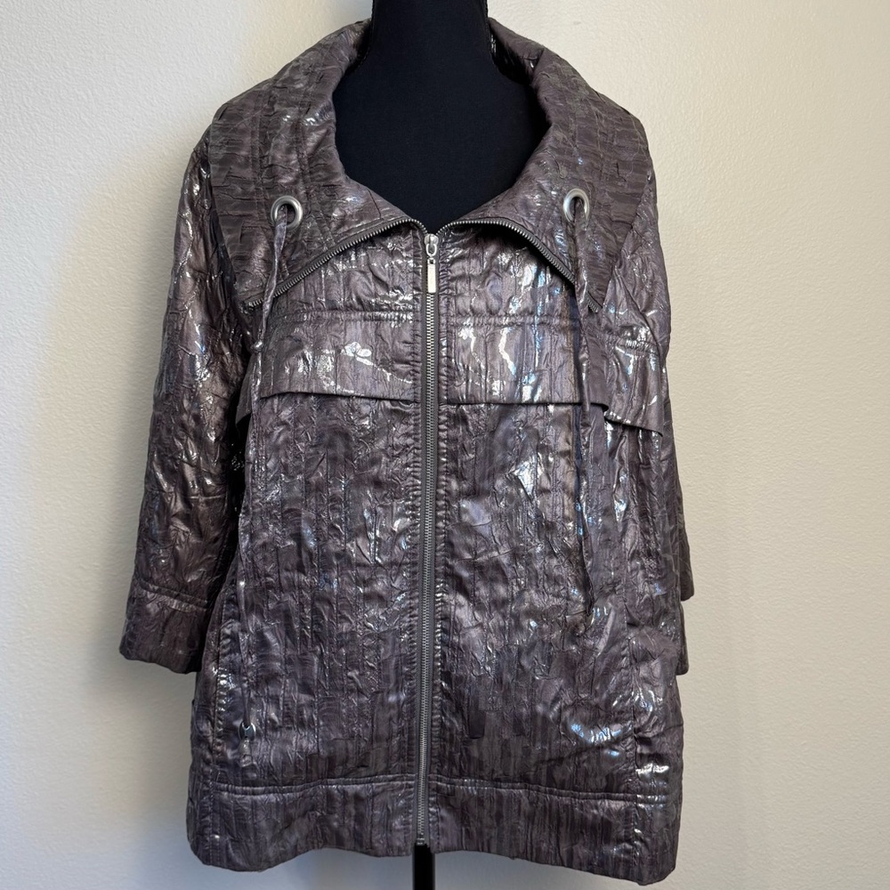 Erin London Metallic Crinkle Jacket Women’s 1X Silver Gray Zip Tunic‎ Artwear